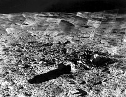 Panoramic view of the lunar surface taken by Surveyor 7, which landed around 29 km (18 mi) from the rim of Tycho Crater