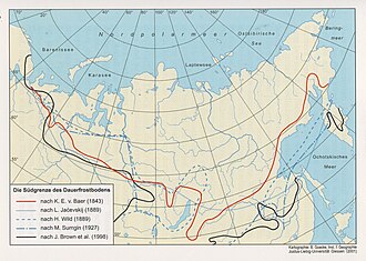 Southern limit of permafrost in Eurasia according to Karl Ernst von Baer (1843), and other authors.
