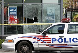 World Bank/IMF protesters smashed the windows of this PNC Bank branch located in the Logan Circle neighbourhood of Washington, D.C.
