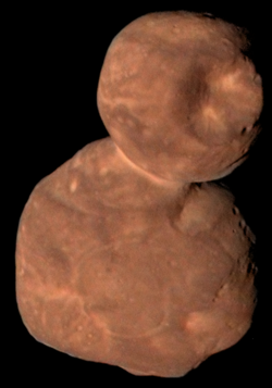 False-colour image of 486958 Arrokoth, the first pristine planetesimal visited by a spacecraft