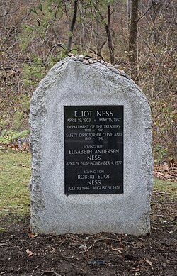 The cenotaph of Eliot Ness inside the cemetery