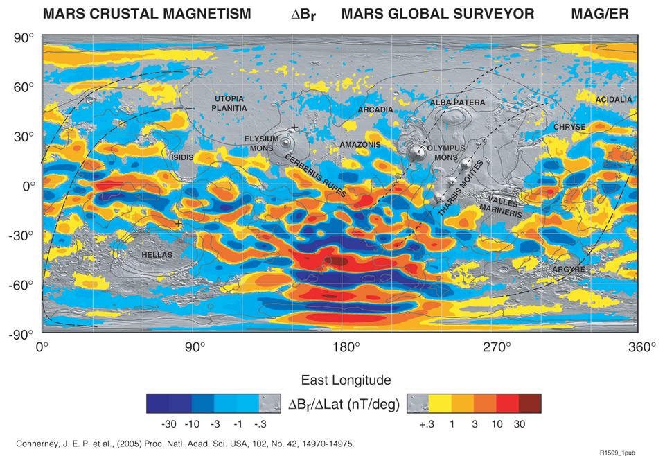 Map of Martian crustal magnetism. Cylindrical projection map of crustal magnetism on Mars observed by MGS satellite at 400 km altitude. Colors represent intensities of the median value of the radial magnetic field components contoured over two orders of magnitude variation.