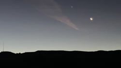 Mercury (lower left) as seen from San Jose, California with Venus and the Moon.
