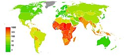 Global maternal mortality rate per 100 000 live births (2010)[179]