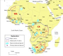 Distribution of kimberlites in Africa. Cratons: CA-Central African (Kasai), SA-South African (Kalahari), WA-West African; Kimberlites (shown as red dots): B-Banankoro, Cu-Cuango Valley, Do-Dokolwayo, F-Finsch, G-Gope, J-Kwaneng, Ja-Jagersfontein, k-Koidu, Kb-Kimberley, Ko-Koffiefontein, L-Letlhakane, Le-Letseng, Lu-Lunda, M-Mitzic, Mb-Mbuji-Mayi, Mw-Mwadui, O-Orapa, P-Premier, R-River Ranch, V-Venetia.