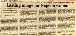 Lasting image for Nepean woman - Sheila Rogers wins contest for submitting 'nimiq' as name for new satellite.