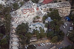 The collapsed headquarters after the 2010 earthquake.