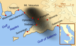 Pompeii and Herculaneum, as well as other cities affected by the eruption of Mount Vesuvius. The black cloud represents the general distribution of ash, pumice and cinders. Modern coast lines are shown.