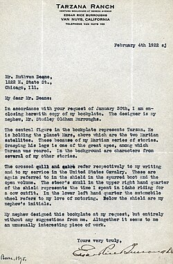 Typescript letter, with Tarzana Ranch letterhead, from Burroughs to Ruthven Deane, explaining the design and significance of his bookplate