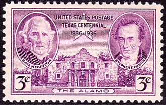 First stamp to commemorate battle was issued in 1936, the 100th anniversary of the battle, depicting Sam Houston and Stephen Austin.