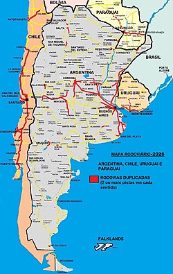 Road system in South America, with divided highways highlighted in red.