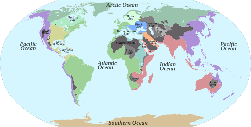 Major endorheic basins of the world. Basins are shown in dark grey; major endorheic lakes are shown in black. Coloured regions represent the major drainage patterns of the continents to the oceans (non-endorheic).