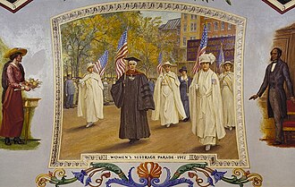 Mural in U.S. Capitol featuring NAWSA leaders Anna Howard Shaw and Carrie Chapman Catt at a 1917 suffrage parade, by Allyn Cox