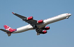 An Airbus A340-600 of Virgin Atlantic. In October 2008, Virgin Atlantic offered to combine its operations with BMI in an effort to reduce operating costs.[98]