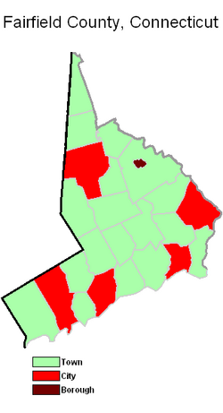 Map of Fairfield County, Connecticut labeling types of municipalities by color. Towns in light green, Cities in Red, and Boroughs in Dark Red