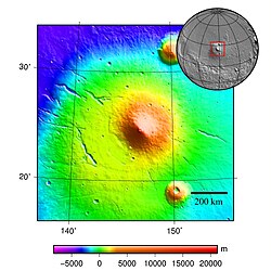 MOLA view of Elysium province. Elysium Mons is in the center. Albor Tholus and Hecates Tholus are at bottom and top, respectively.