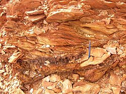 Asymmetric shear in basalt, Labouchere mine, Glengarry Basin, Australia. Shear asymmetry is sinistral, pen for scale