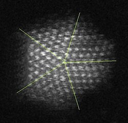 Fivefold twin in a gold nanoparticle (electron microscope micrograph).