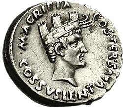 A denarius depicting Agrippa wearing a combination of the corona muralis and the corona rostalis.[6]