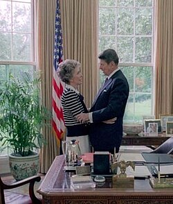 Nancy and Ronald Reagan together in the Oval Office, 1985