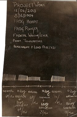 Kymographic recording of the effect of lead acetate on frog heart experimental set up