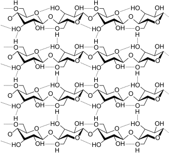 Linear structure of cellulose — the most common component of all organic plant life on Earth. * Note the evidence of hydrogen bonding which increases the viscosity at any temperature and pressure. This is an effect similar to that of polymer crosslinking, but less pronounced.