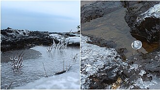 Suspended ice forms into a sphere or tear drop like shape after being repeatedly soaked by waves and frozen by surrounding air.