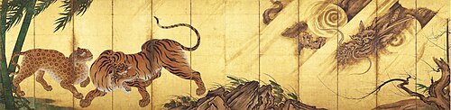 Pair of byōbu with a leopard, tiger and dragon by Kanō Sanraku