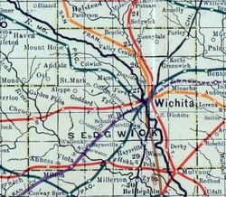 A 1915 railroad map of Sedgwick County, showing many railroads that previously passed through Wichita