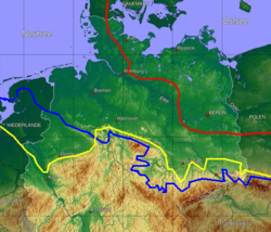 Ice age map of northern Germany and its northern neighbours. Red: maximum limit of Weichselian glacial; yellow: Saale glacial at maximum (Drenthe stage); blue: Elster glacial maximum glaciation.