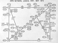 ARPANET network map from 1973 listing Case as an Interface Message Processor (IMP) node