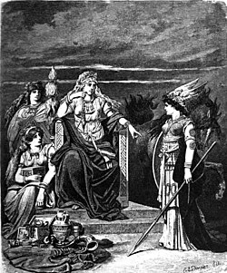 Frigg sits enthroned and facing the spear-wielding goddess Gná, flanked by two goddesses, one of whom (Fulla) carries her eski, a wooden box. Illustrated (1882) by Carl Emil Doepler.