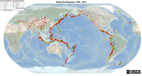 Global earthquakes (1900–2013): Earthquakes of magnitude ≥ 7.0 (depth 0–69 km (0–43 mi)): Active volcanoes