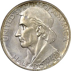 Obverse of the United States Daniel Boone Bicentennial half dollar, designed by Henry Augustus Lukeman and minted from 1934 to 1938