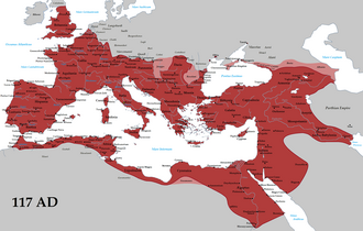 Roman Empire in 117 CE at its greatest extent, at the time of Trajan's death. vassal states[94]