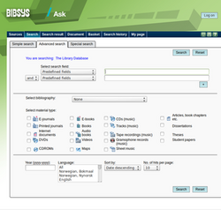 Screenshot of the older Ask version of Bibsys, showing the advanced search field
