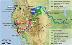 The exploration of the West by Jedediah Smith. The branch of the Sacramento River that is labeled as pointing northeast is now known as the Pit River.