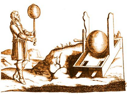 German physicist Otto von Guericke beside his electrical generator while conducting an experiment.