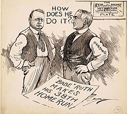 "How Does He Do It?" In this Clifford Berryman cartoon, Harding and Cox ponder another big story of 1920: Babe Ruth's record-setting home run pace.
