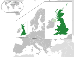 Political definition of Great Britain (dark green) – in Europe (green & dark grey) – in the United Kingdom (green)