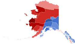A map of the largest racial/ethnic group by borough and census area. Red indicates Native American, and blue indicates non-Hispanic white. Darker shades indicate a higher proportion of the population.