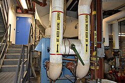 Insulated hot water supply and return hydronic piping on a gas-fired boiler