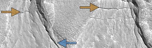 Sharp-featured recent gullies (blue arrows) and older degraded gullies (gold) in the same location on Mars. These suggest cyclical climate change within the last two million years