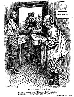 1903 Punch cartoon; the Randlord's employment of Chinese labour on the Transvaal gold mines was controversial and contributed to the Liberal victory in the 1906 UK general election.