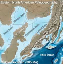 Paleogeographic reconstruction showing the Appalachian Basin area during the Middle Devonian period[36]