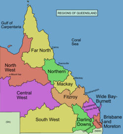 Commonly designated regions of Queensland, with Central Queensland divided into Mackay and Fitzroy subregions