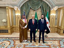 Syrian President Ahmed al-Sharaa with U.S. President Donald Trump and Saudi Crown Prince Mohammed bin Salman in Riyadh, Saudi Arabia, 14 May 2025