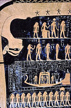 The sky goddess Nut and human figures representing stars and constellations from the star chart in the tomb of Ramses VI, c. 1140 BC