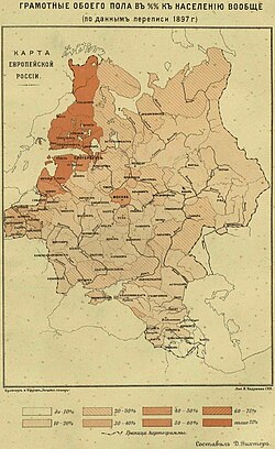 Until the beginning of 20th century, most of the population in the Russian Empire was illiterate (map of 1897 census literacy data).
