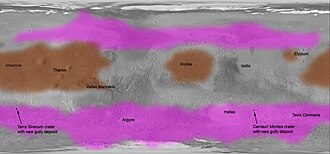 Map of Mars showing that dark slope streaks (brown) occur in dust-covered, equatorial regions. Pink areas are the locations of Martian Gullies and gully deposits. The geographical distribution indicates that gullies and slope streaks are different phenomena.